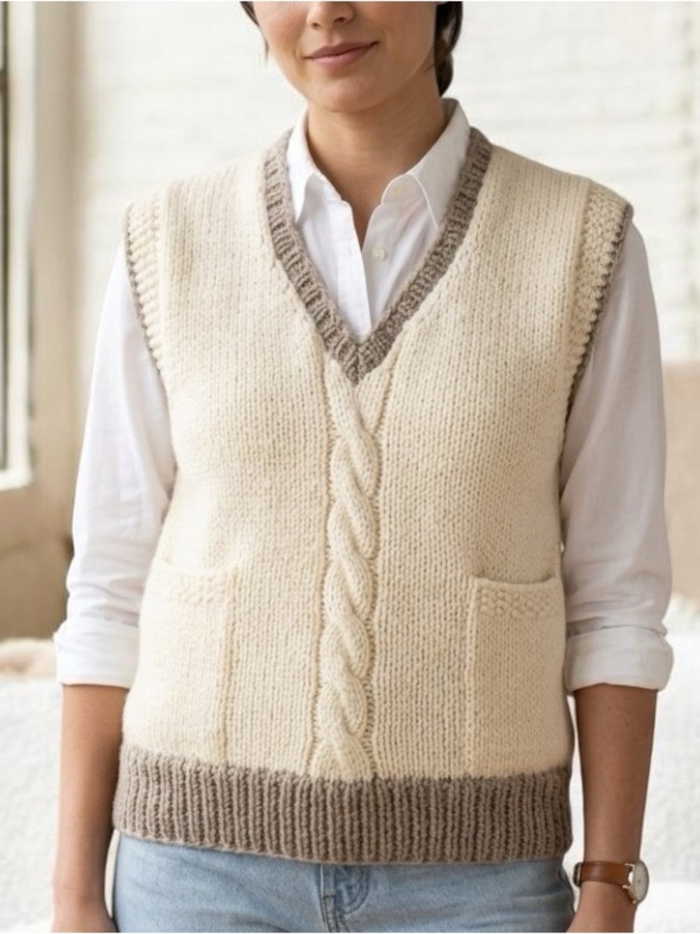 Hand Knit V-Neck Cream Sweater Vest